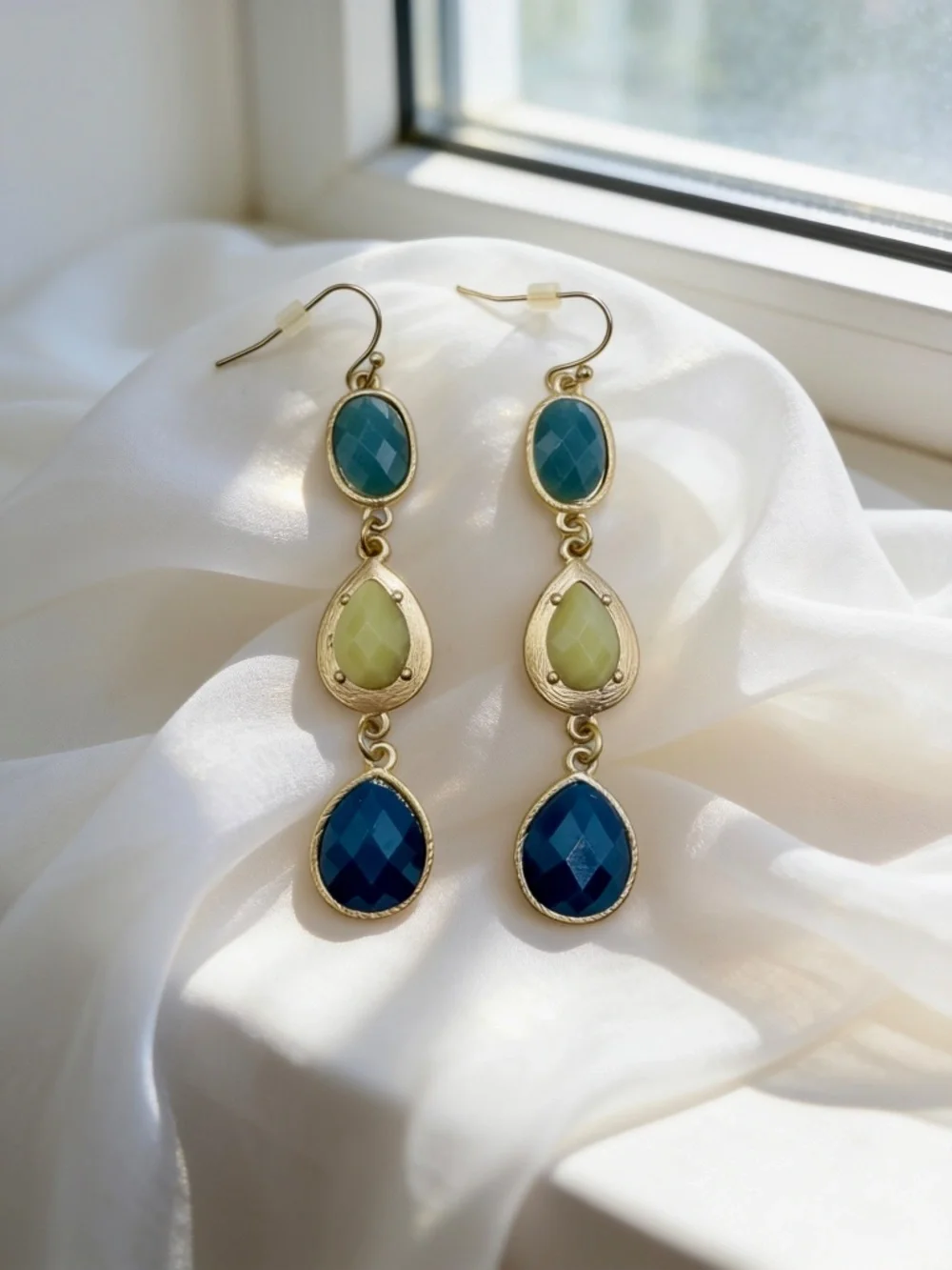 Blue & Green Statement Drop Earrings | Gold Tone